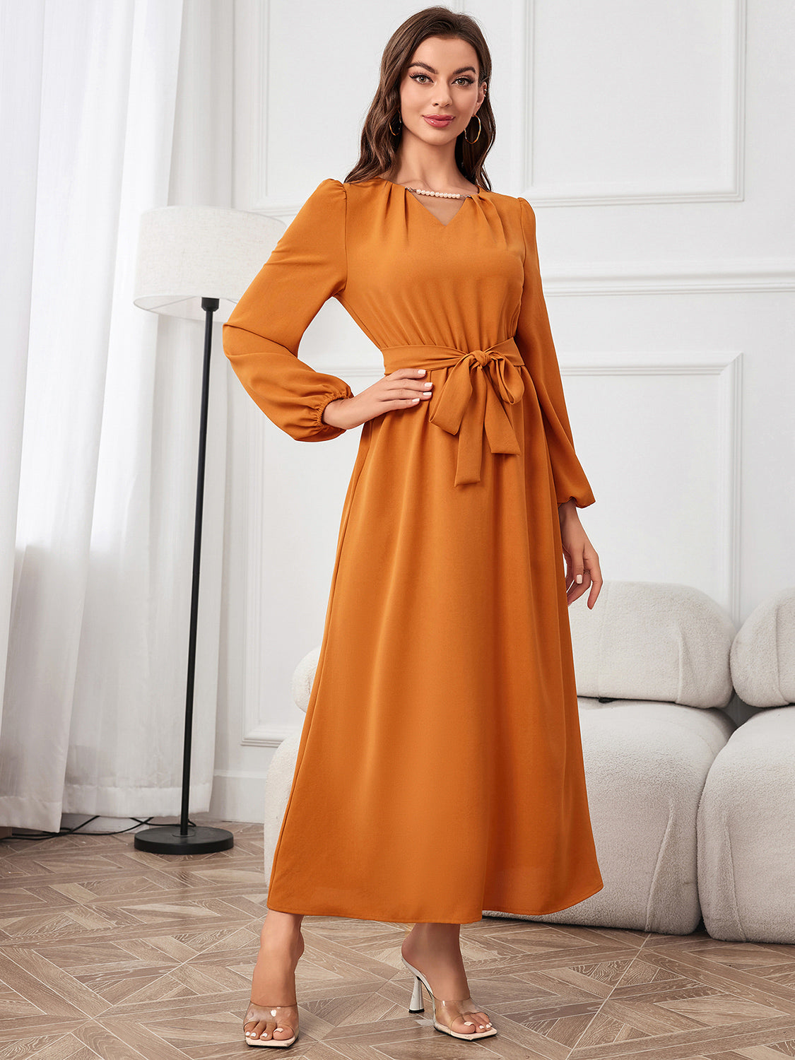 Tie Waist Puff Sleeve Maxi Dress BLUE ZONE PLANET