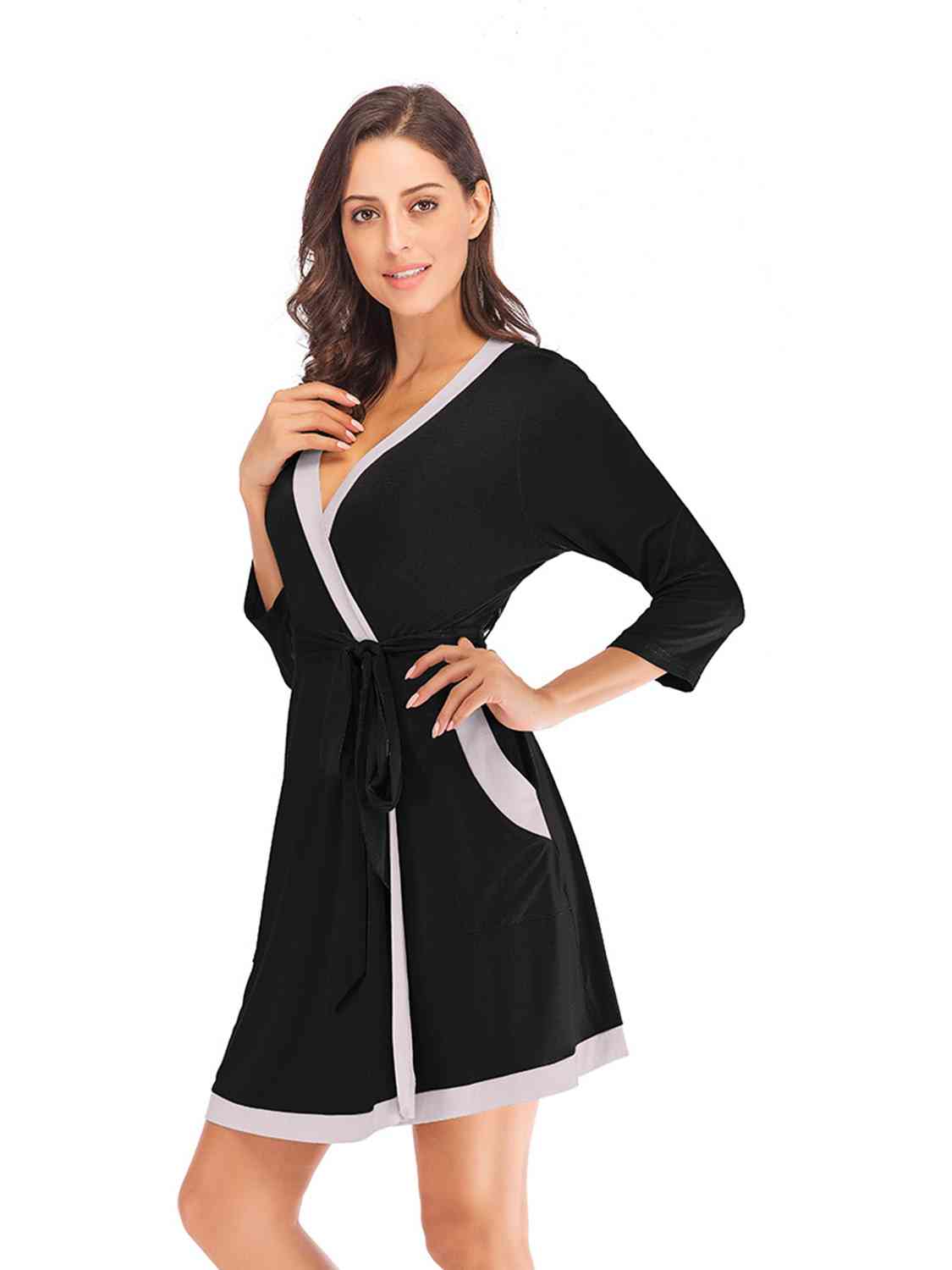 Tie Waist Surplice Neck Robe with Pockets BLUE ZONE PLANET