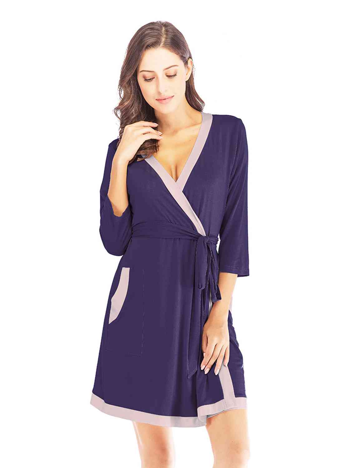 Tie Waist Surplice Neck Robe with Pockets BLUE ZONE PLANET