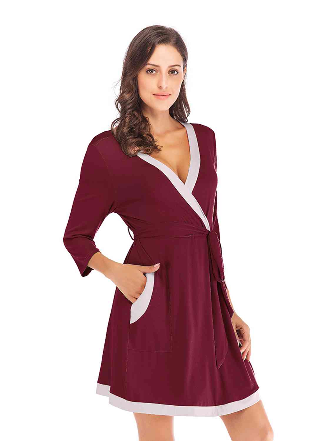 Tie Waist Surplice Neck Robe with Pockets BLUE ZONE PLANET