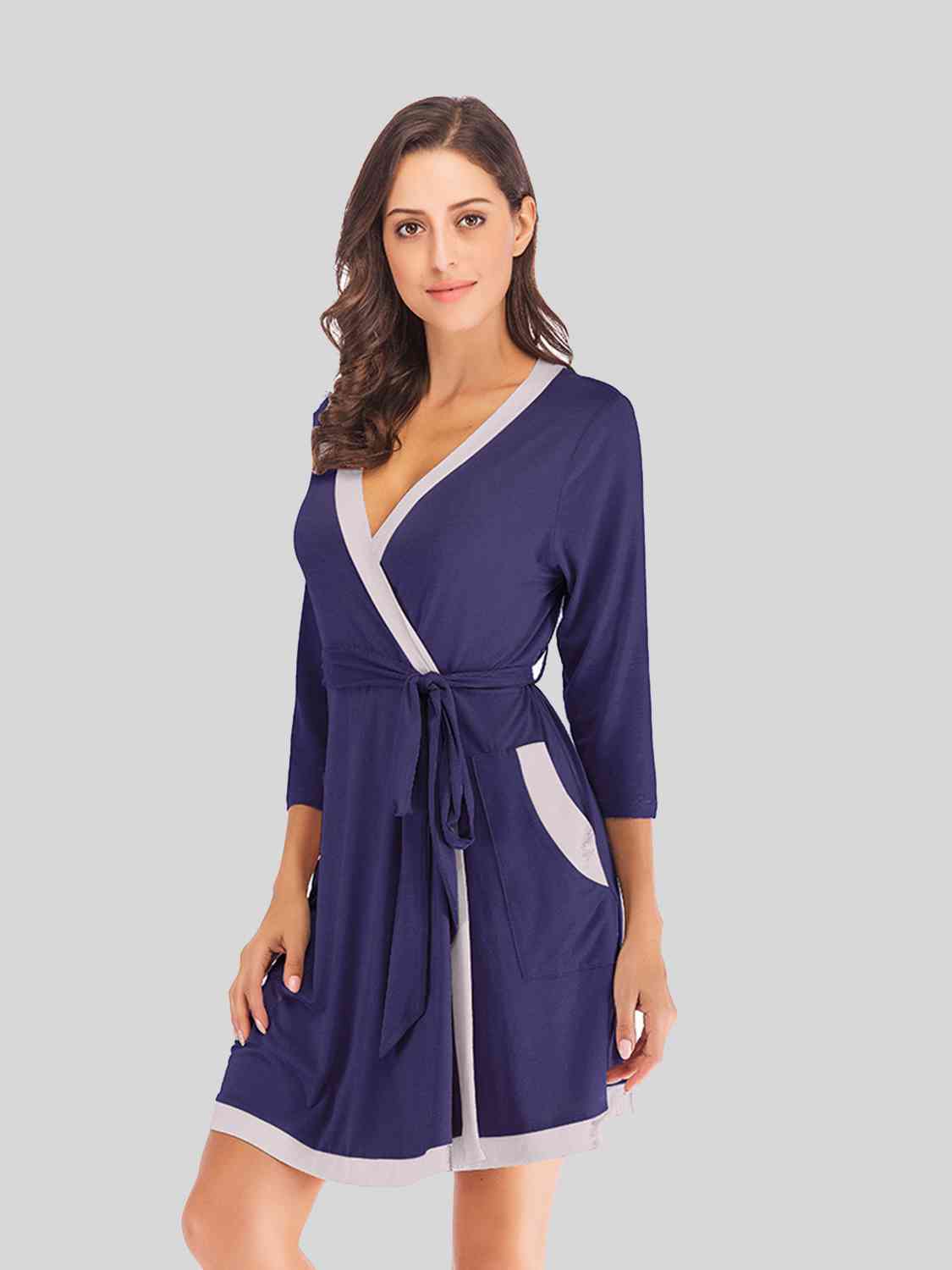 Tie Waist Surplice Neck Robe with Pockets BLUE ZONE PLANET