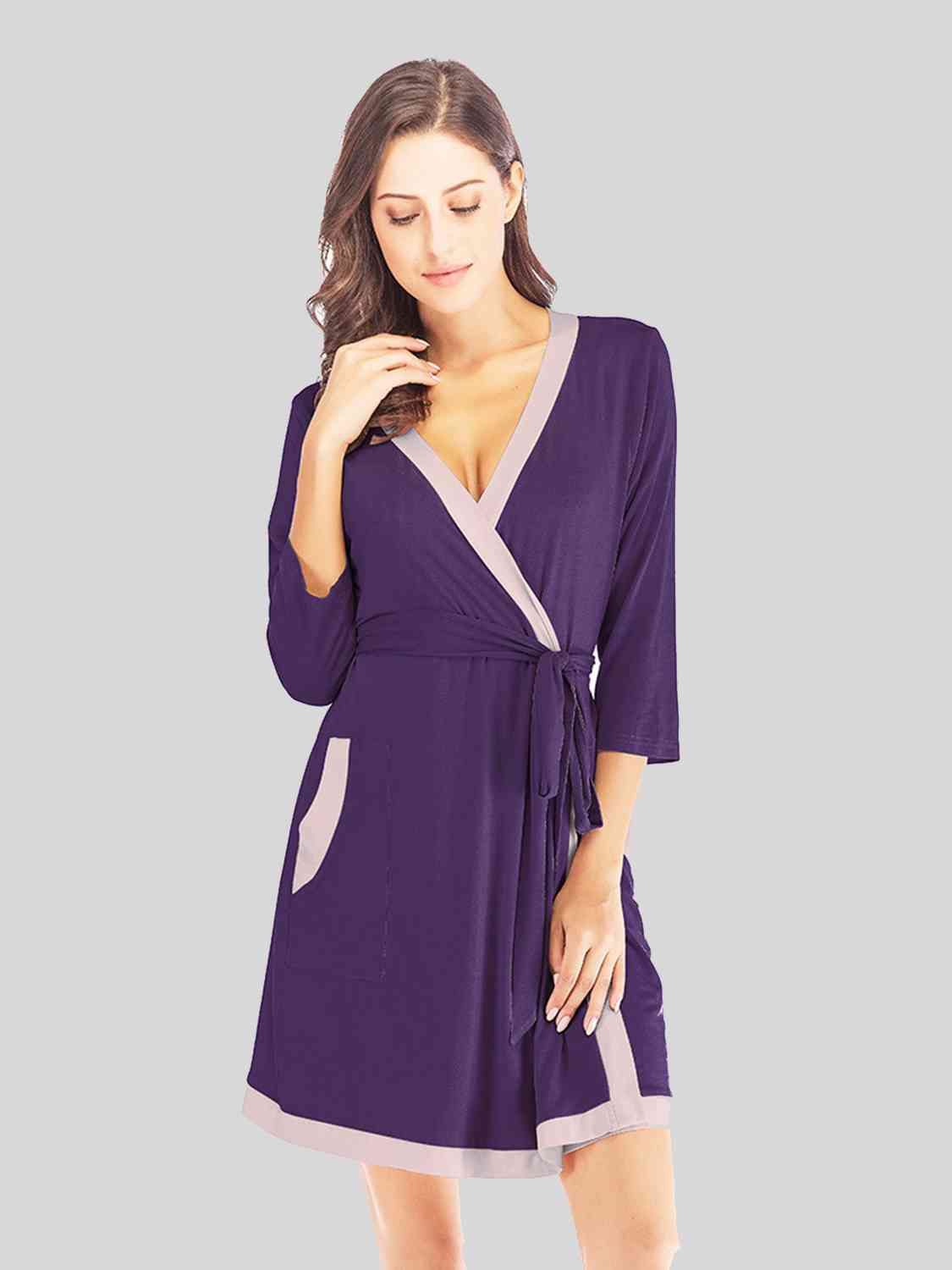 Tie Waist Surplice Neck Robe with Pockets BLUE ZONE PLANET