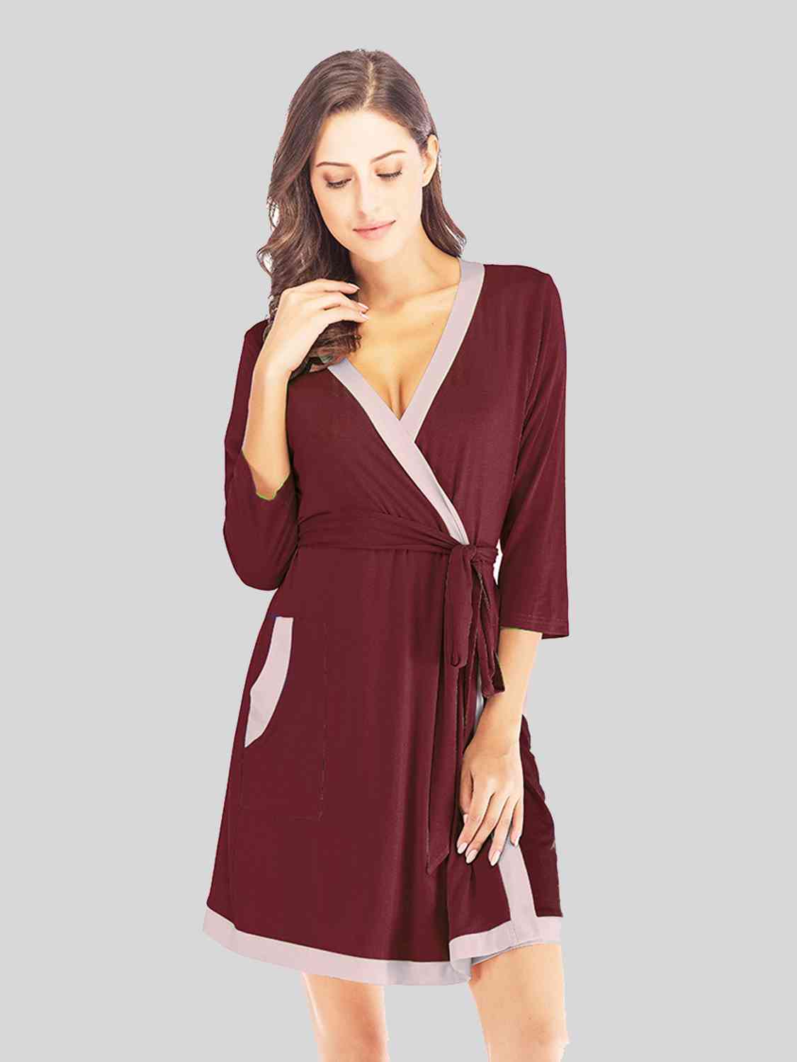 Tie Waist Surplice Neck Robe with Pockets BLUE ZONE PLANET
