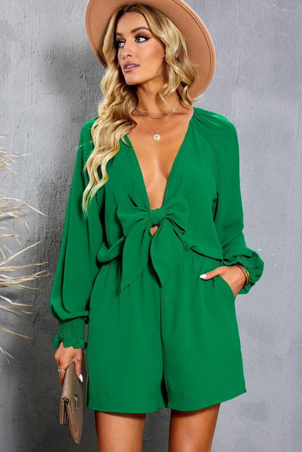 Tied Flounce Sleeve Plunge Romper BLUE ZONE PLANET