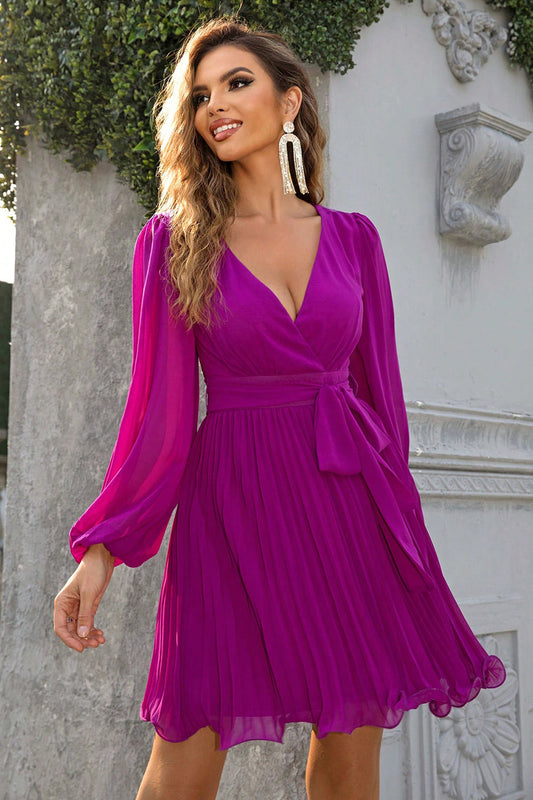 Tied Surplice Neck Pleated Dress BLUE ZONE PLANET