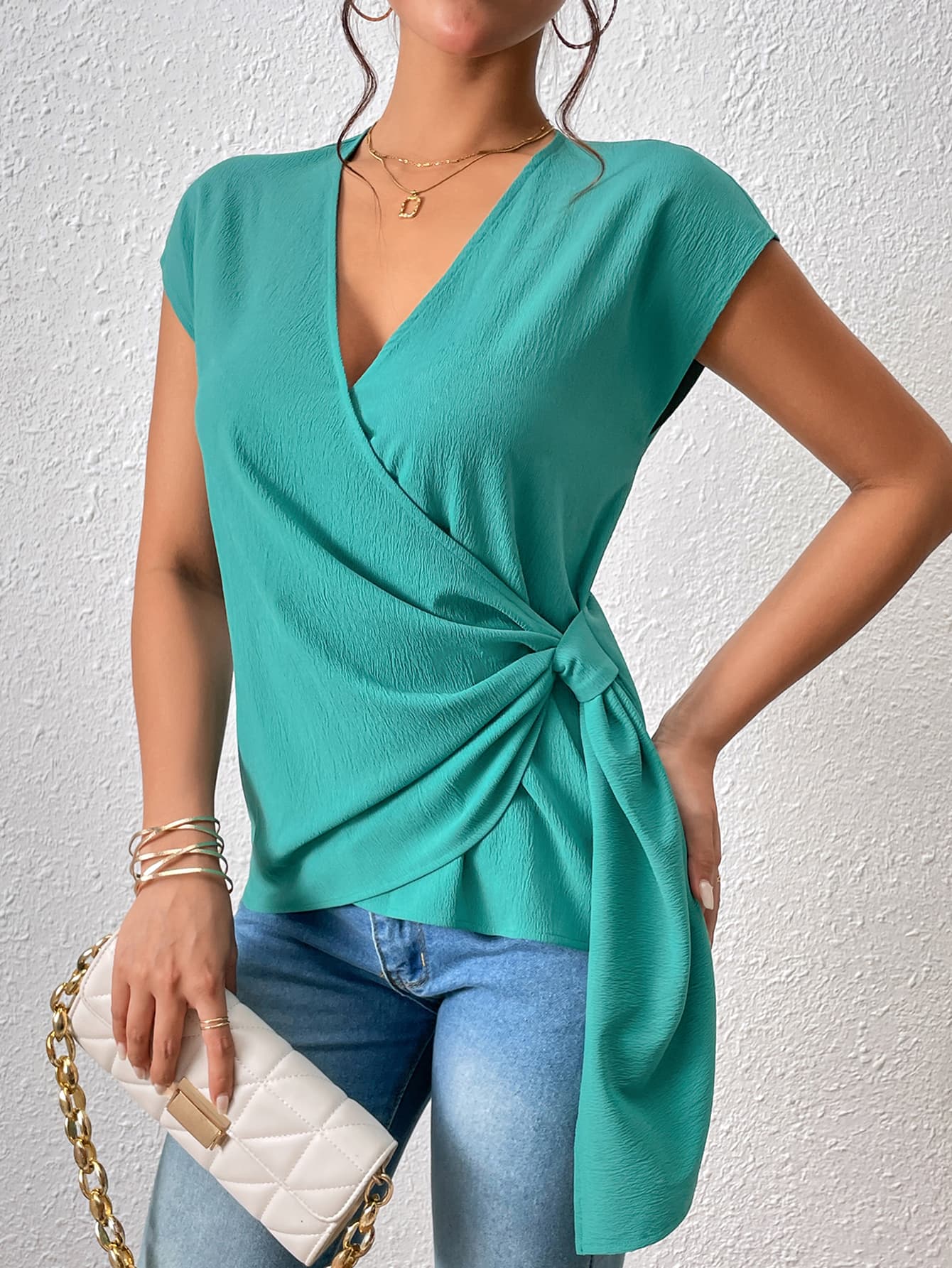 Tied Surplice Neck Short Sleeve Blouse BLUE ZONE PLANET