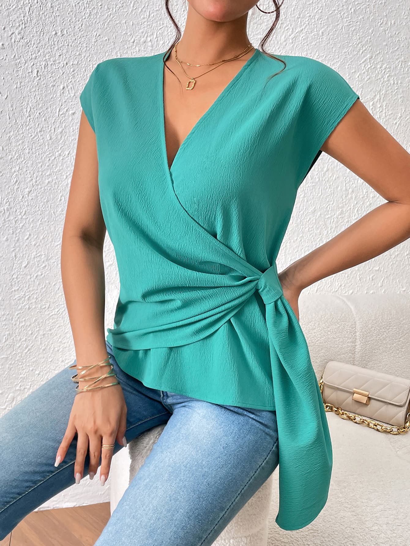Tied Surplice Neck Short Sleeve Blouse BLUE ZONE PLANET