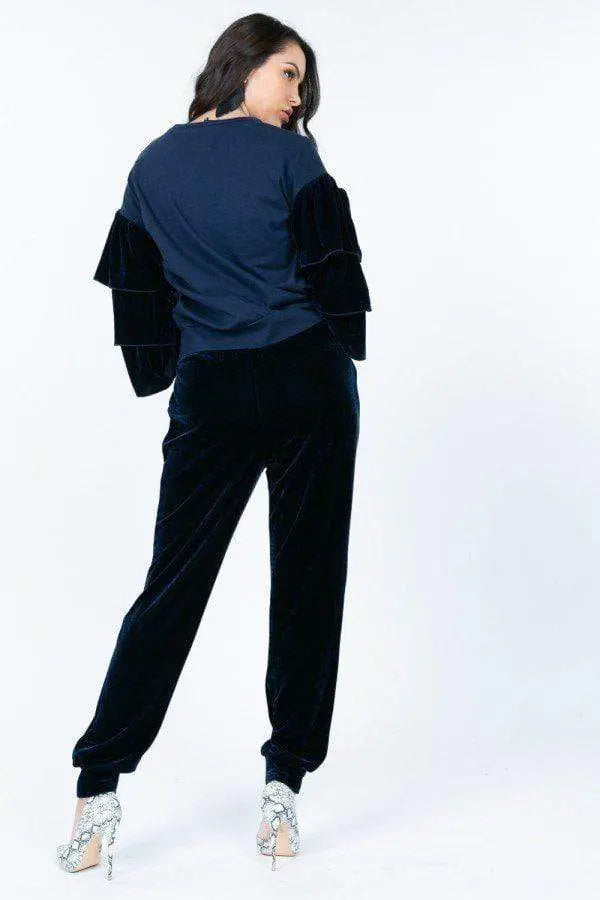Tiered Velvet Ruffle Sleeve Pullover Crewneck Top Blue Zone Planet