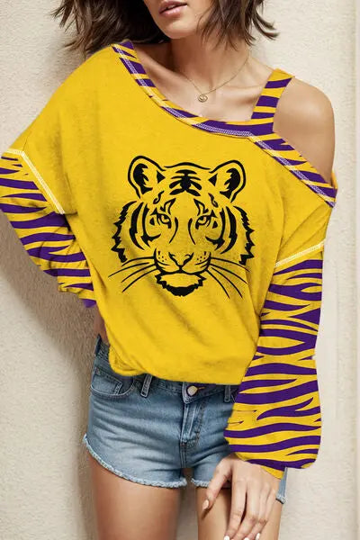 Tiger Graphic Asymmetrical Neck Long Sleeve T-Shirt BLUE ZONE PLANET
