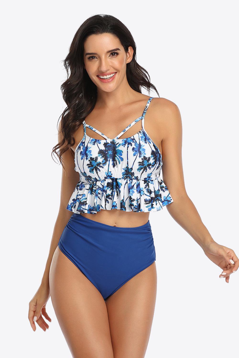 Tropical Print Ruffled Two-Piece Swimsuit BLUE ZONE PLANET