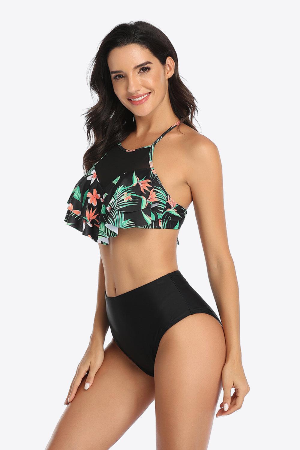 Tropical Print Ruffled Two-Piece Swimsuit BLUE ZONE PLANET
