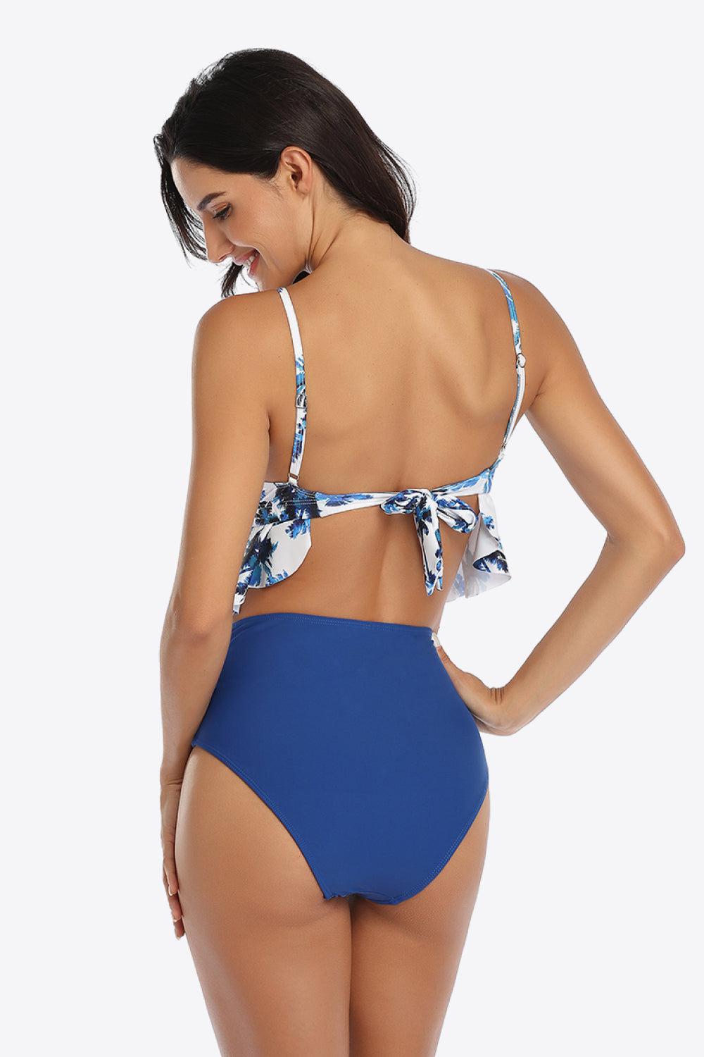 Tropical Print Ruffled Two-Piece Swimsuit BLUE ZONE PLANET