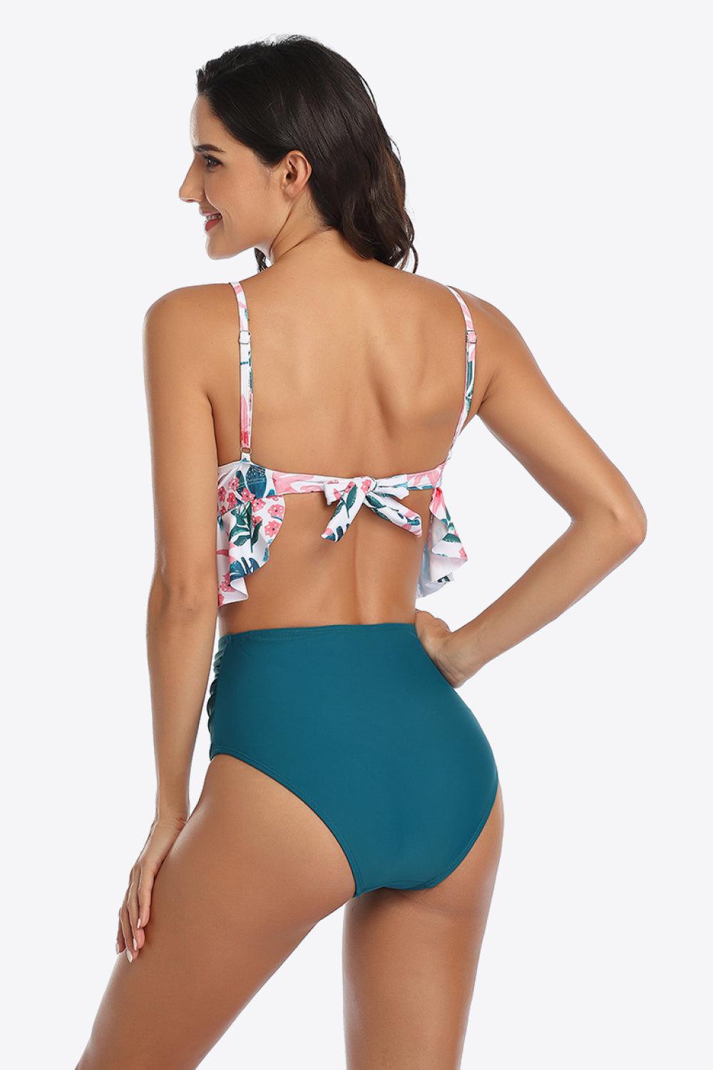 Tropical Print Ruffled Two-Piece Swimsuit BLUE ZONE PLANET