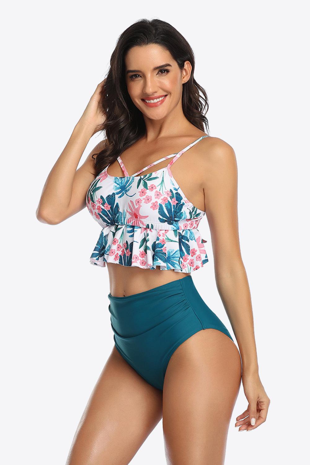 Tropical Print Ruffled Two-Piece Swimsuit BLUE ZONE PLANET