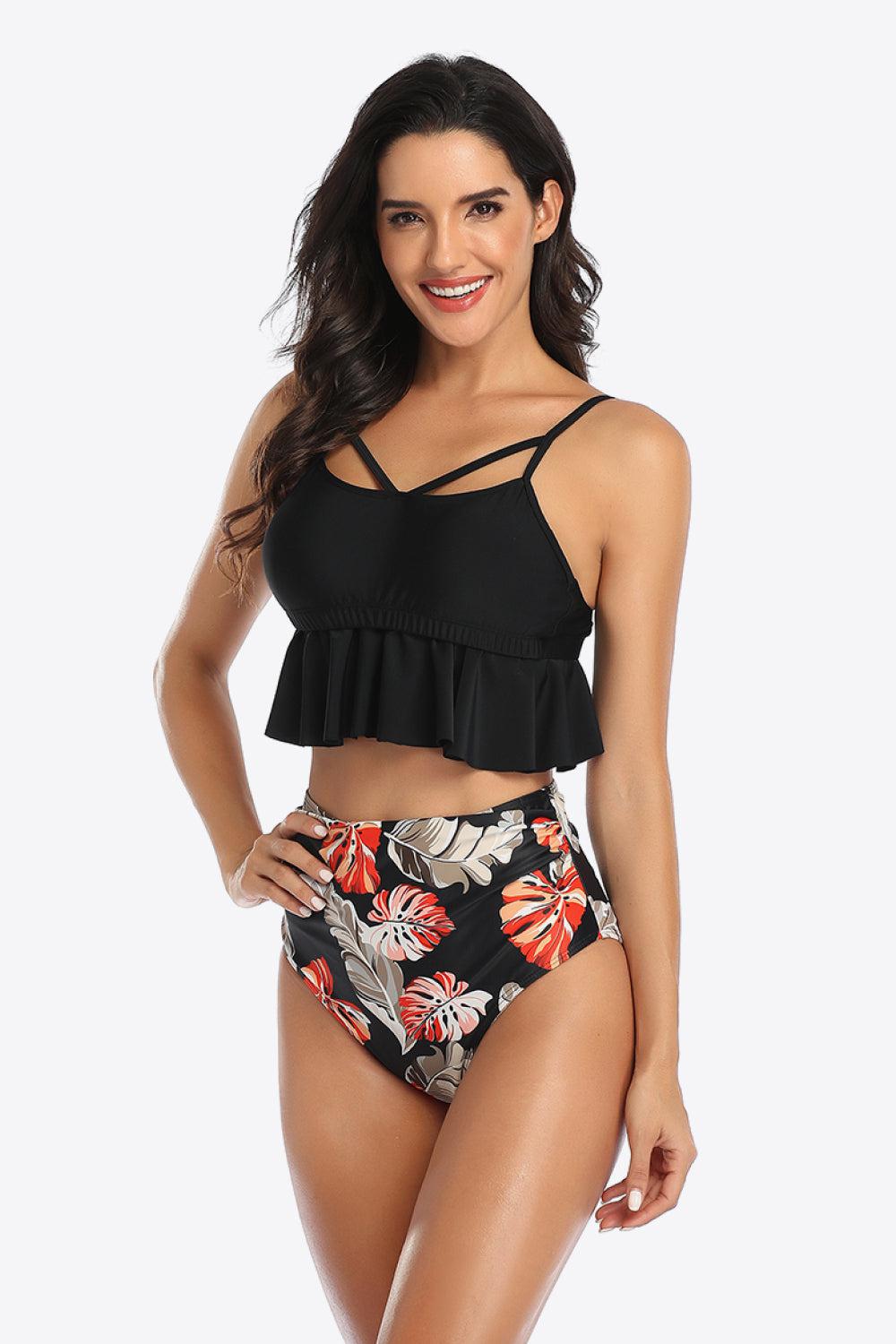 Tropical Print Ruffled Two-Piece Swimsuit BLUE ZONE PLANET