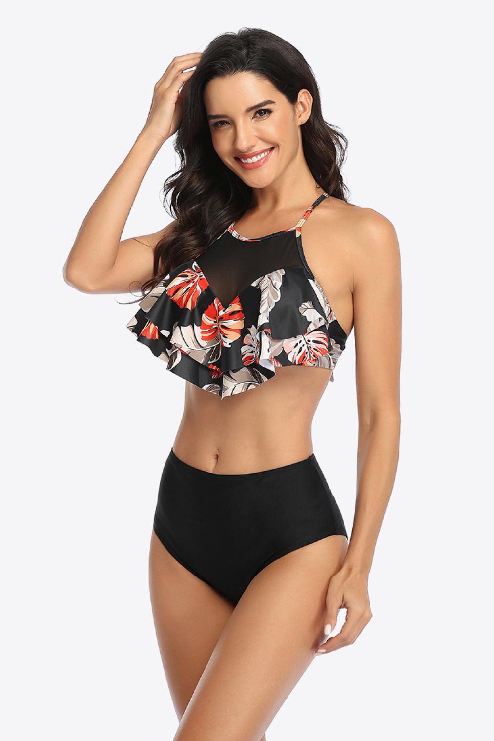 Tropical Print Ruffled Two-Piece Swimsuit BLUE ZONE PLANET