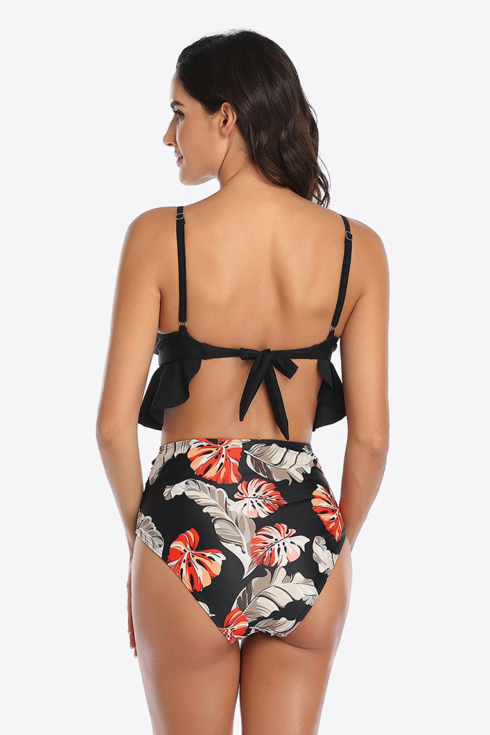 Tropical Print Ruffled Two-Piece Swimsuit BLUE ZONE PLANET