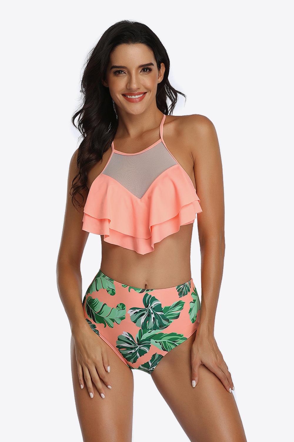 Tropical Print Ruffled Two-Piece Swimsuit BLUE ZONE PLANET