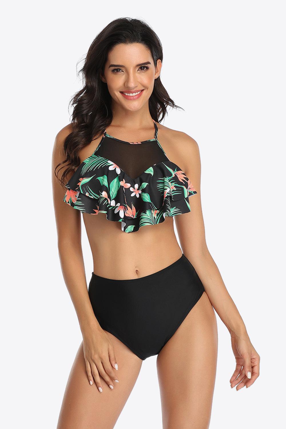 Tropical Print Ruffled Two-Piece Swimsuit BLUE ZONE PLANET