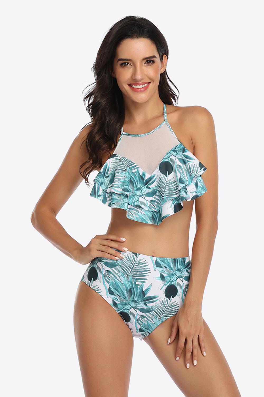 Tropical Print Ruffled Two-Piece Swimsuit BLUE ZONE PLANET