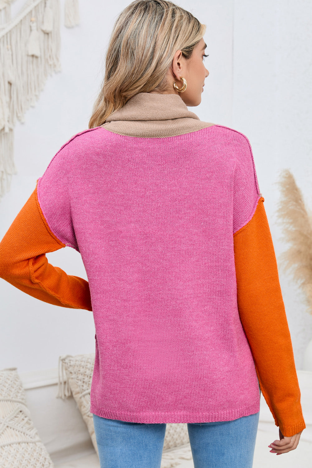 Turtle Neck Dropped Shoulder Slit Sweater BLUE ZONE PLANET