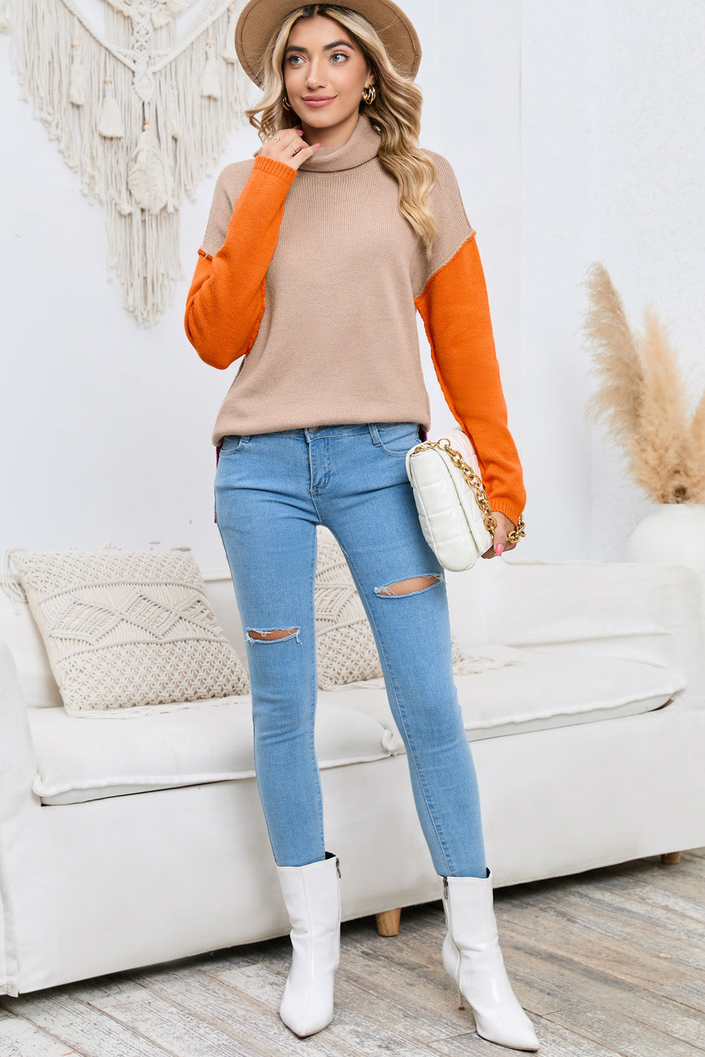Turtle Neck Dropped Shoulder Slit Sweater BLUE ZONE PLANET
