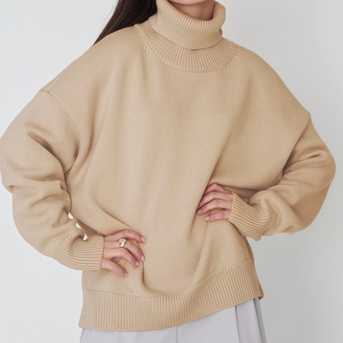 Turtle Neck Dropped Shoulder Sweater BLUE ZONE PLANET