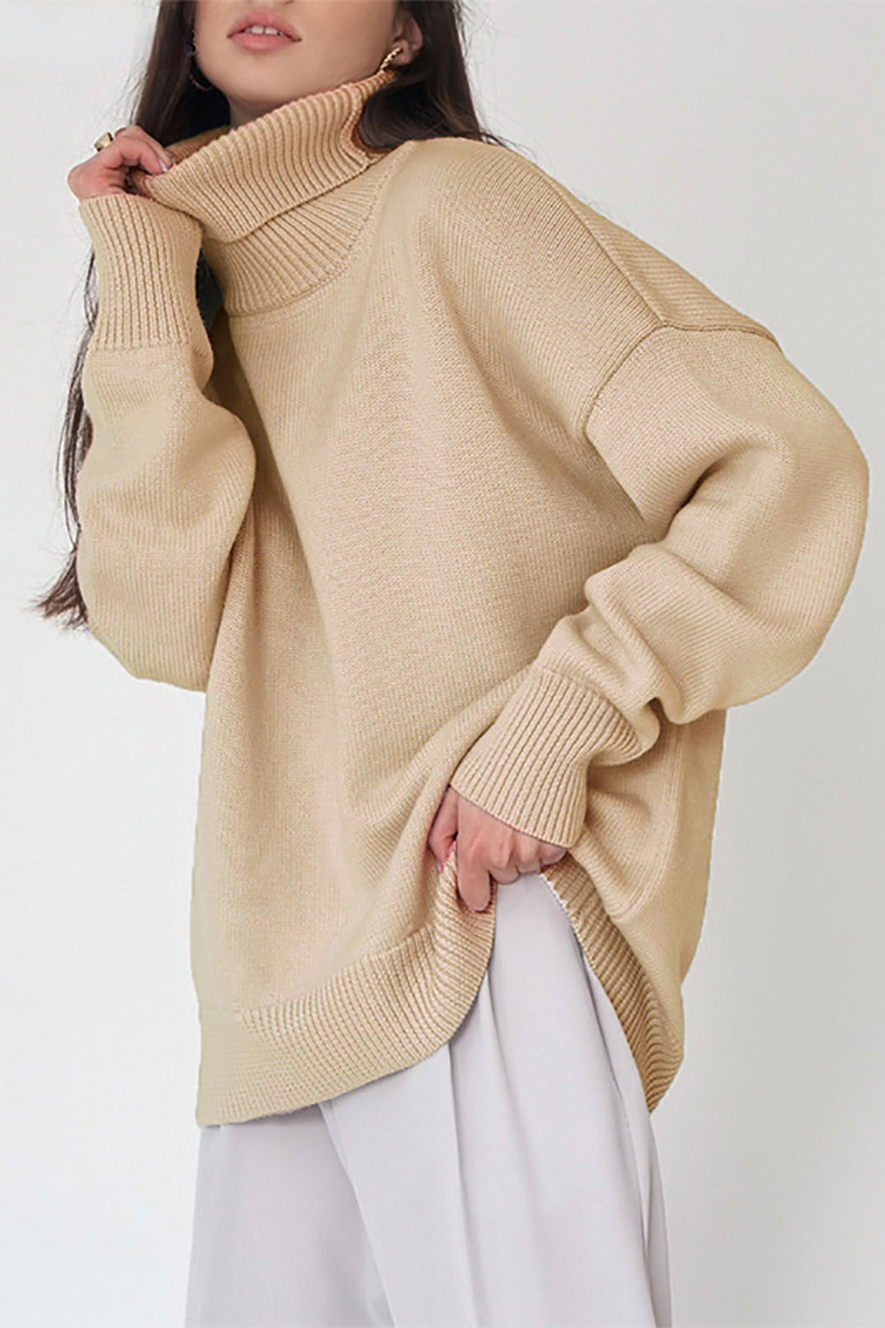 Turtle Neck Dropped Shoulder Sweater BLUE ZONE PLANET