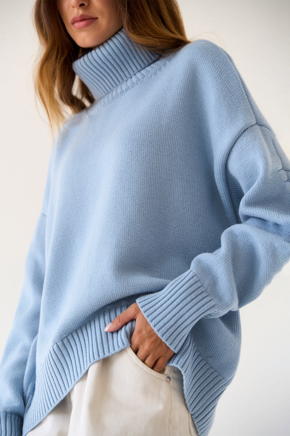 Turtle Neck Dropped Shoulder Sweater BLUE ZONE PLANET