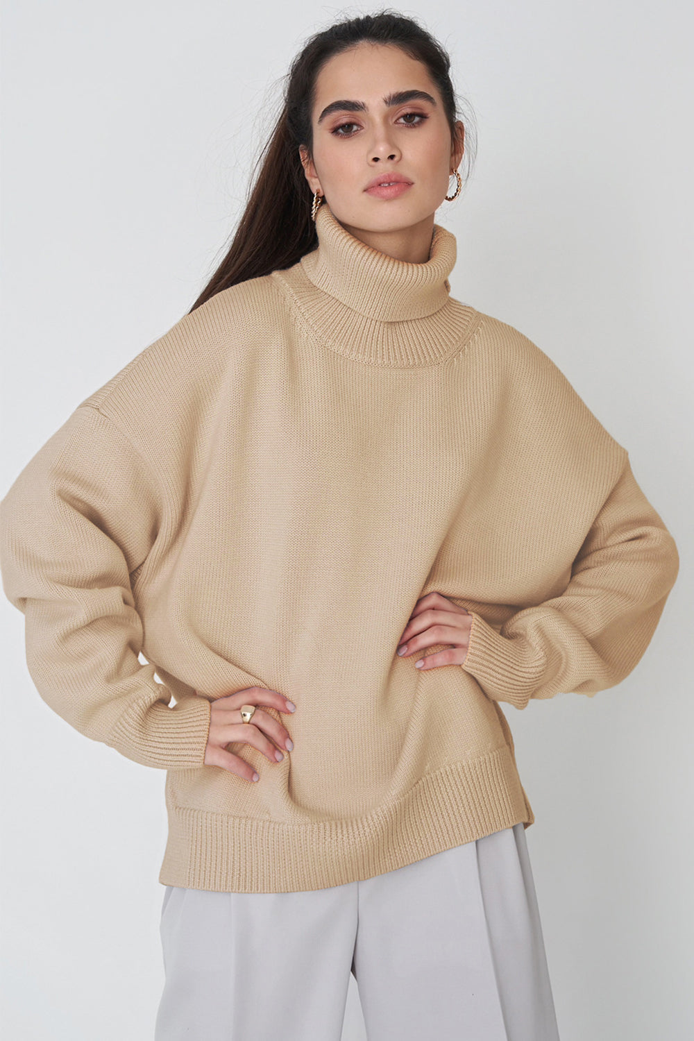Turtle Neck Dropped Shoulder Sweater BLUE ZONE PLANET