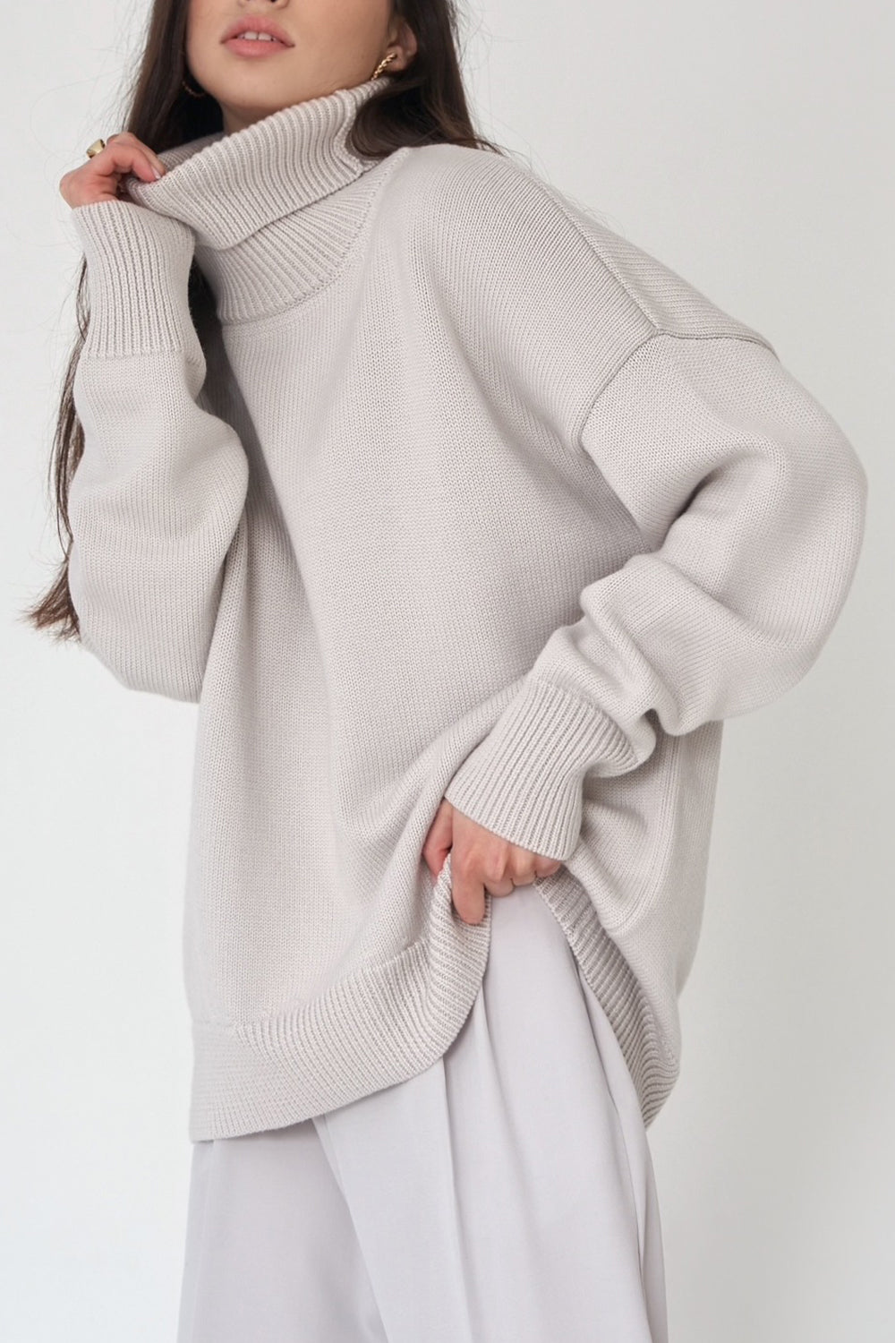 Turtle Neck Dropped Shoulder Sweater BLUE ZONE PLANET