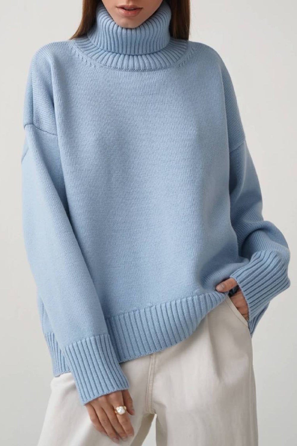 Turtle Neck Dropped Shoulder Sweater BLUE ZONE PLANET