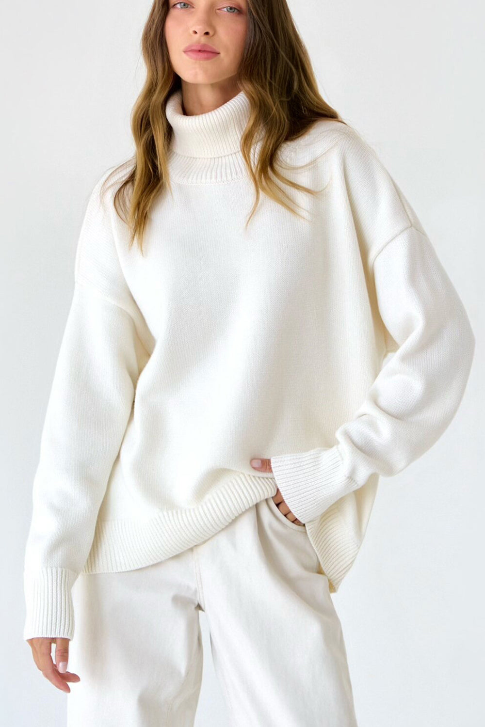 Turtle Neck Dropped Shoulder Sweater BLUE ZONE PLANET