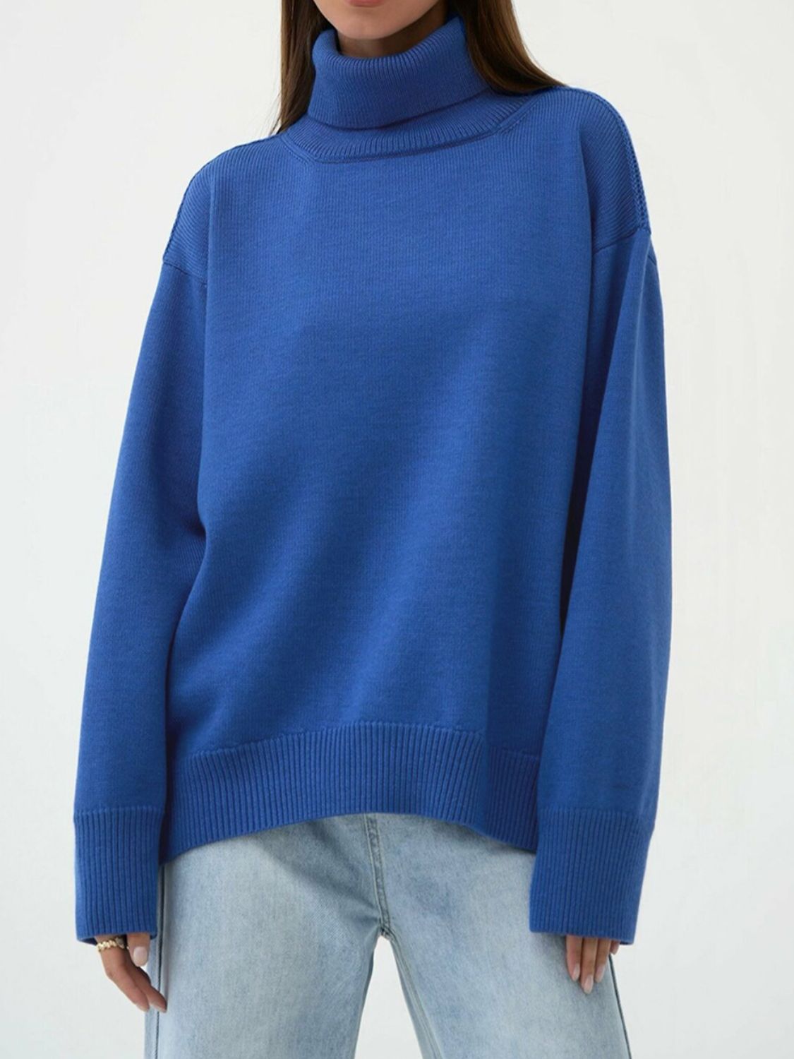 Turtle Neck Dropped Shoulder Sweater BLUE ZONE PLANET