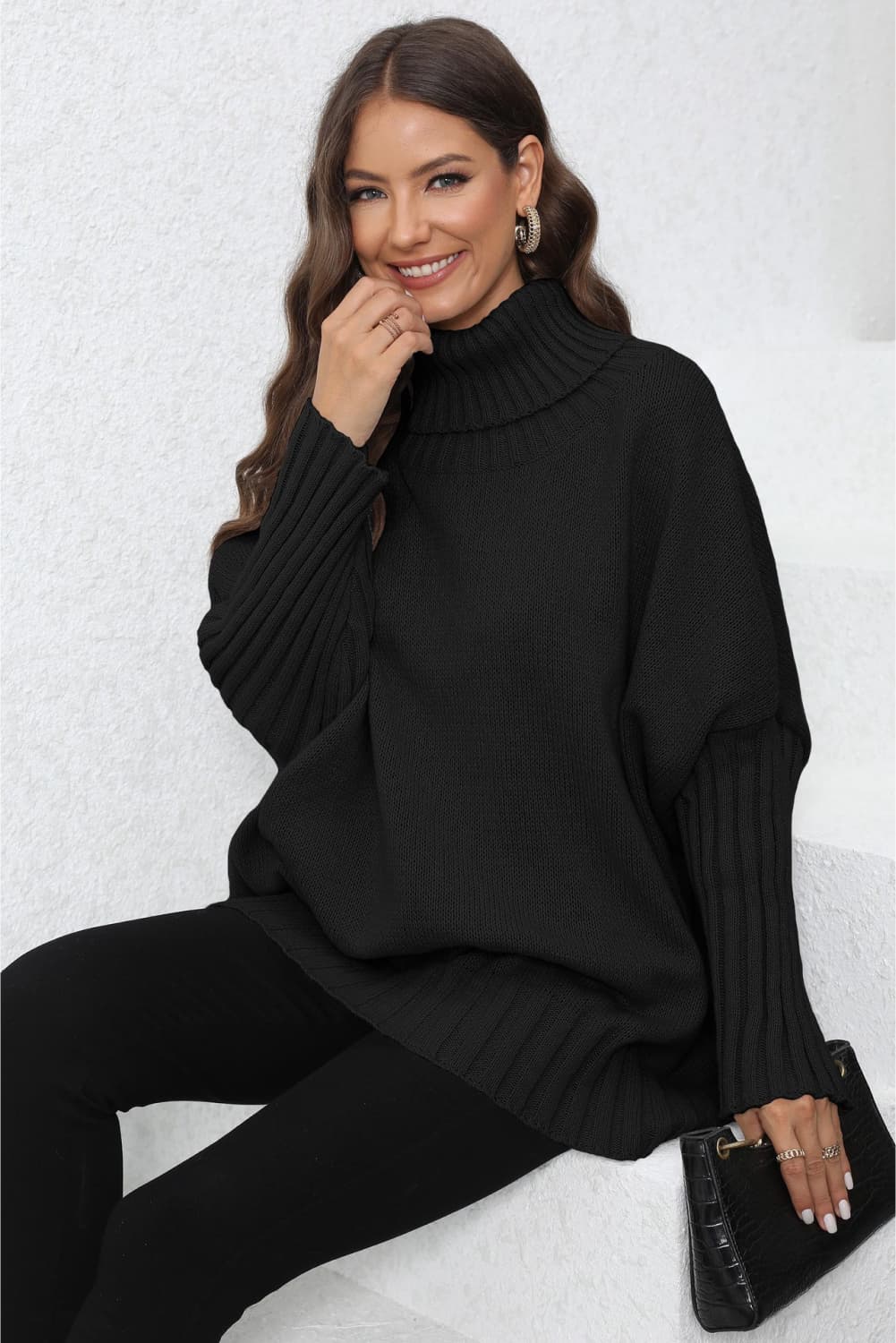 Turtle Neck Long Sleeve Ribbed Sweater BLUE ZONE PLANET
