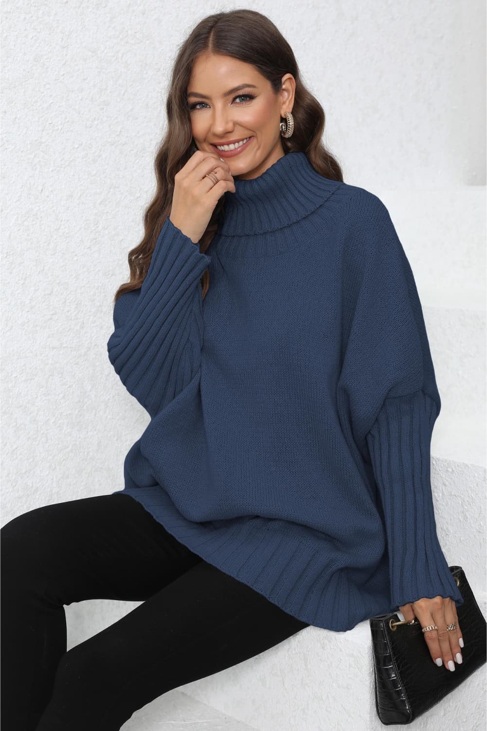 Turtle Neck Long Sleeve Ribbed Sweater BLUE ZONE PLANET