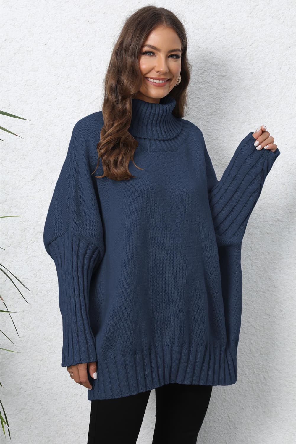 Turtle Neck Long Sleeve Ribbed Sweater BLUE ZONE PLANET