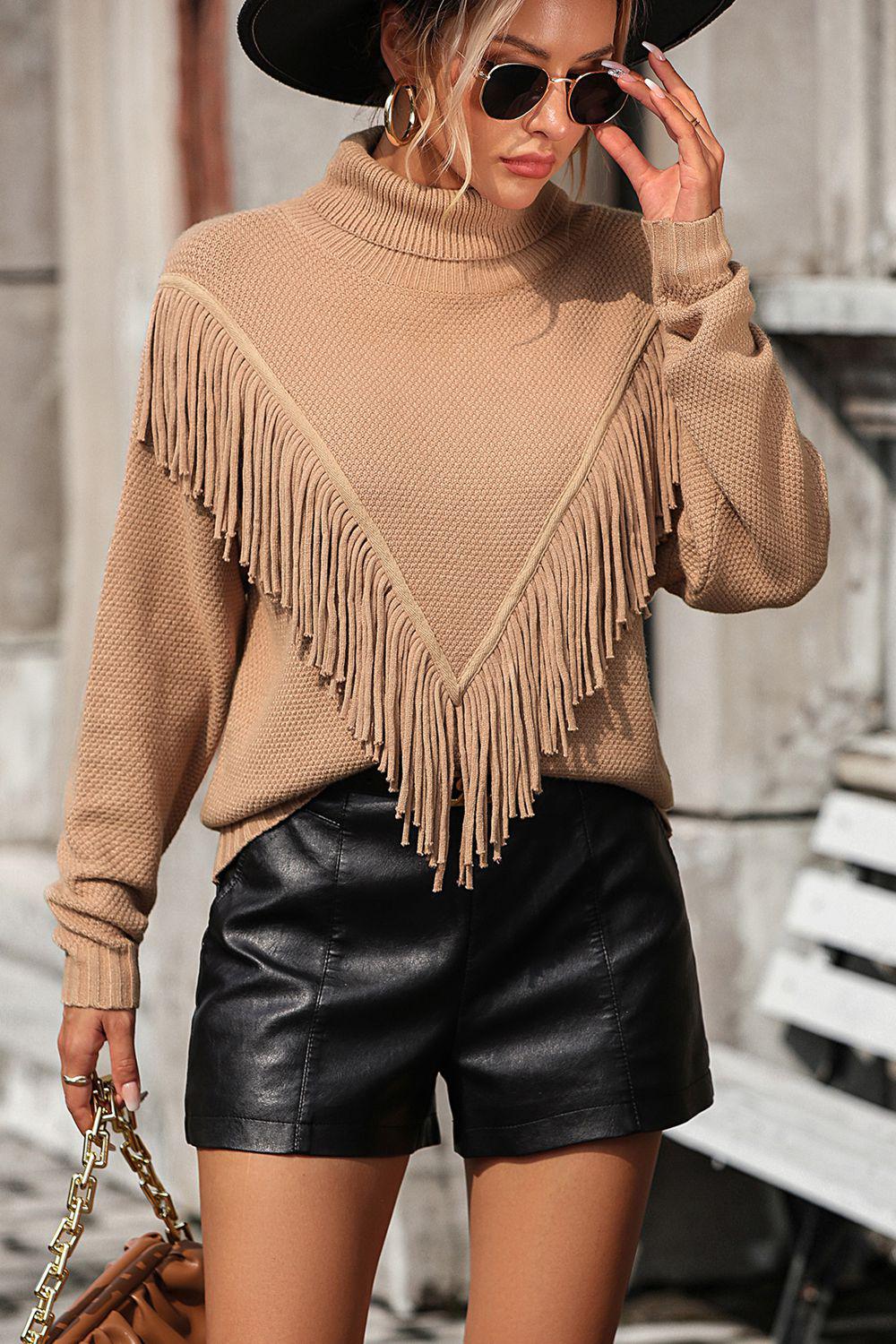 Turtle Neck Tassel Front Long Sleeve Pullover Sweater BLUE ZONE PLANET