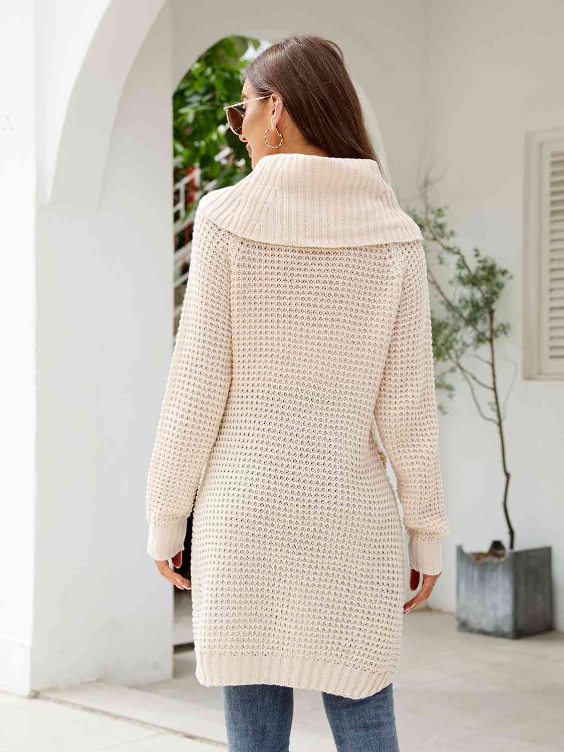 Turtleneck Waffle-Knit Slit Sweater Dress BLUE ZONE PLANET