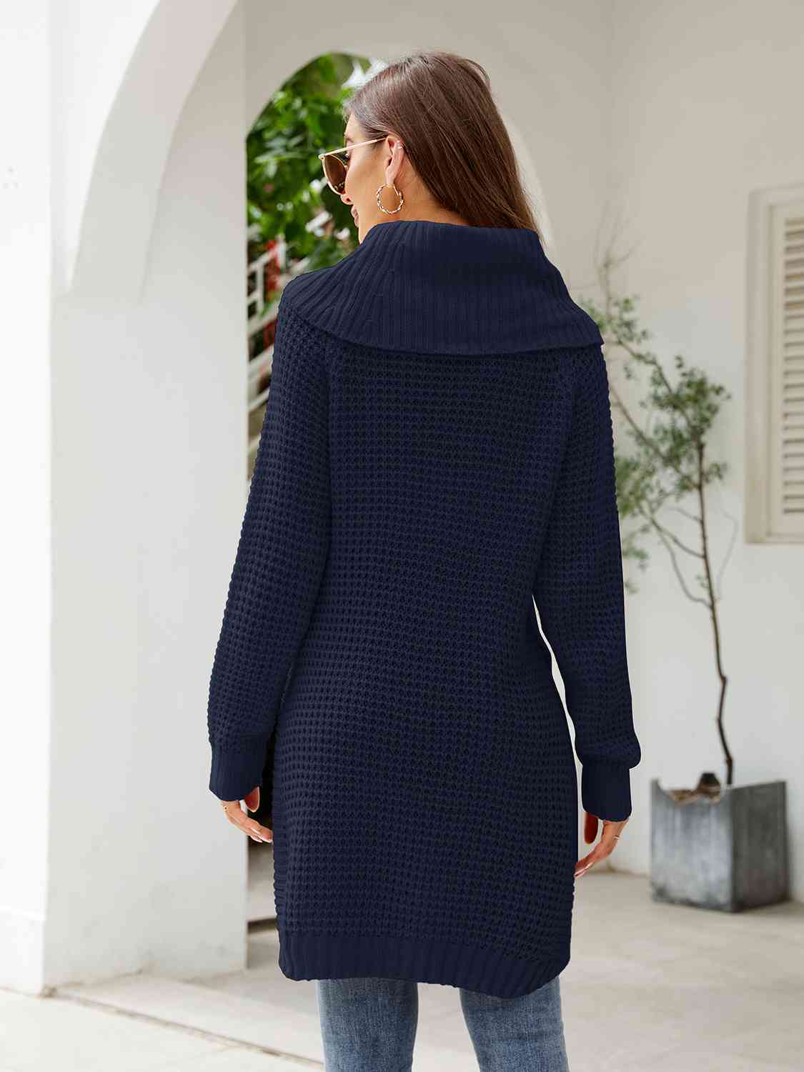 Turtleneck Waffle-Knit Slit Sweater Dress BLUE ZONE PLANET