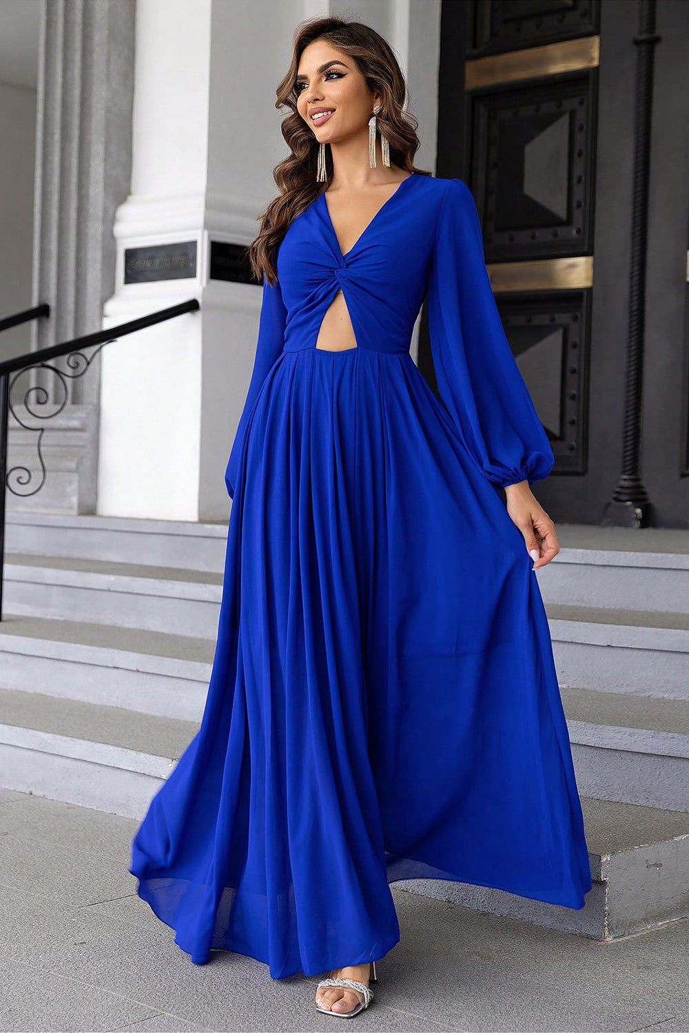 Twist Front Cutout Long Sleeve Dress BLUE ZONE PLANET