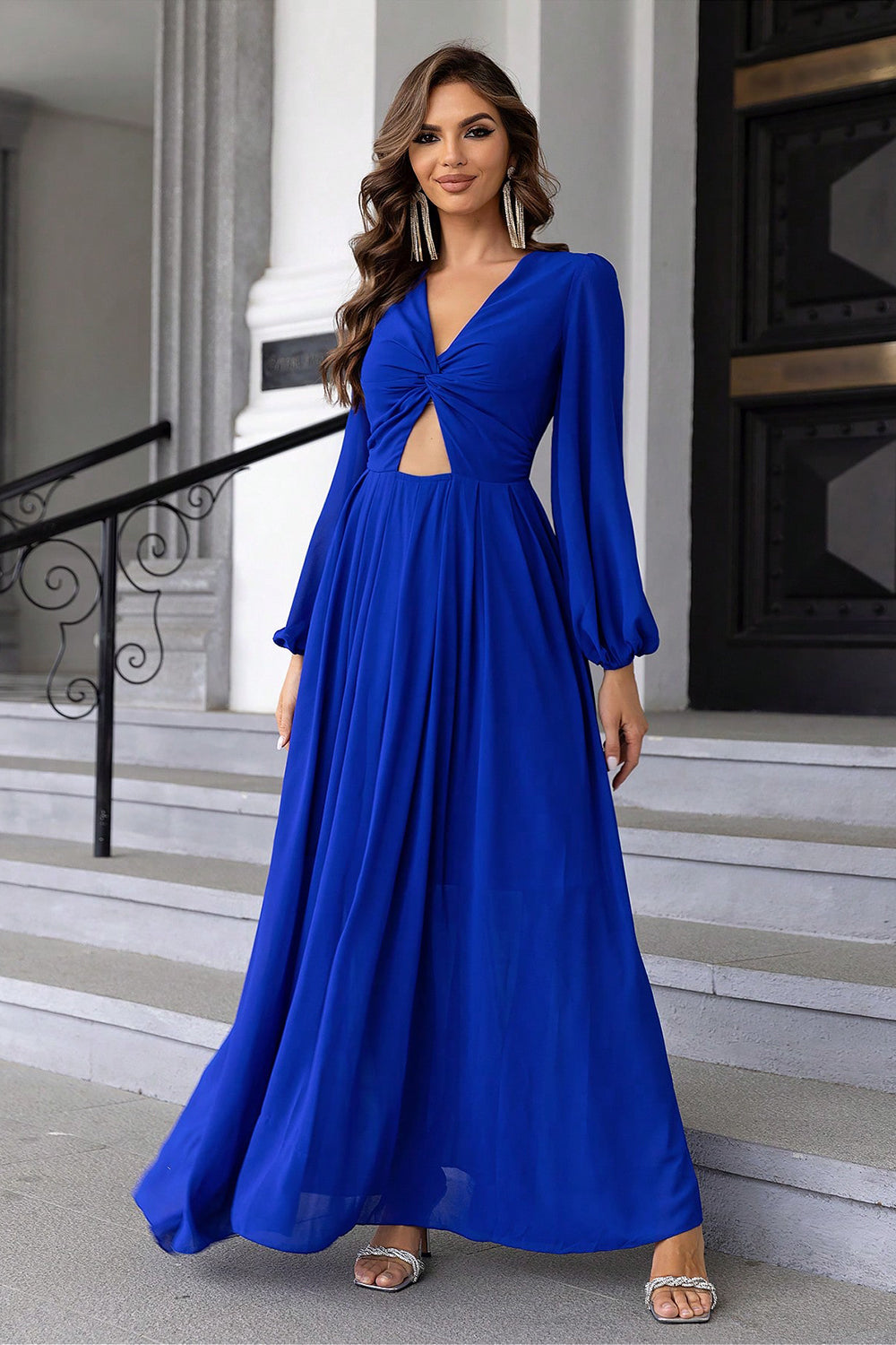 Twist Front Cutout Long Sleeve Dress BLUE ZONE PLANET