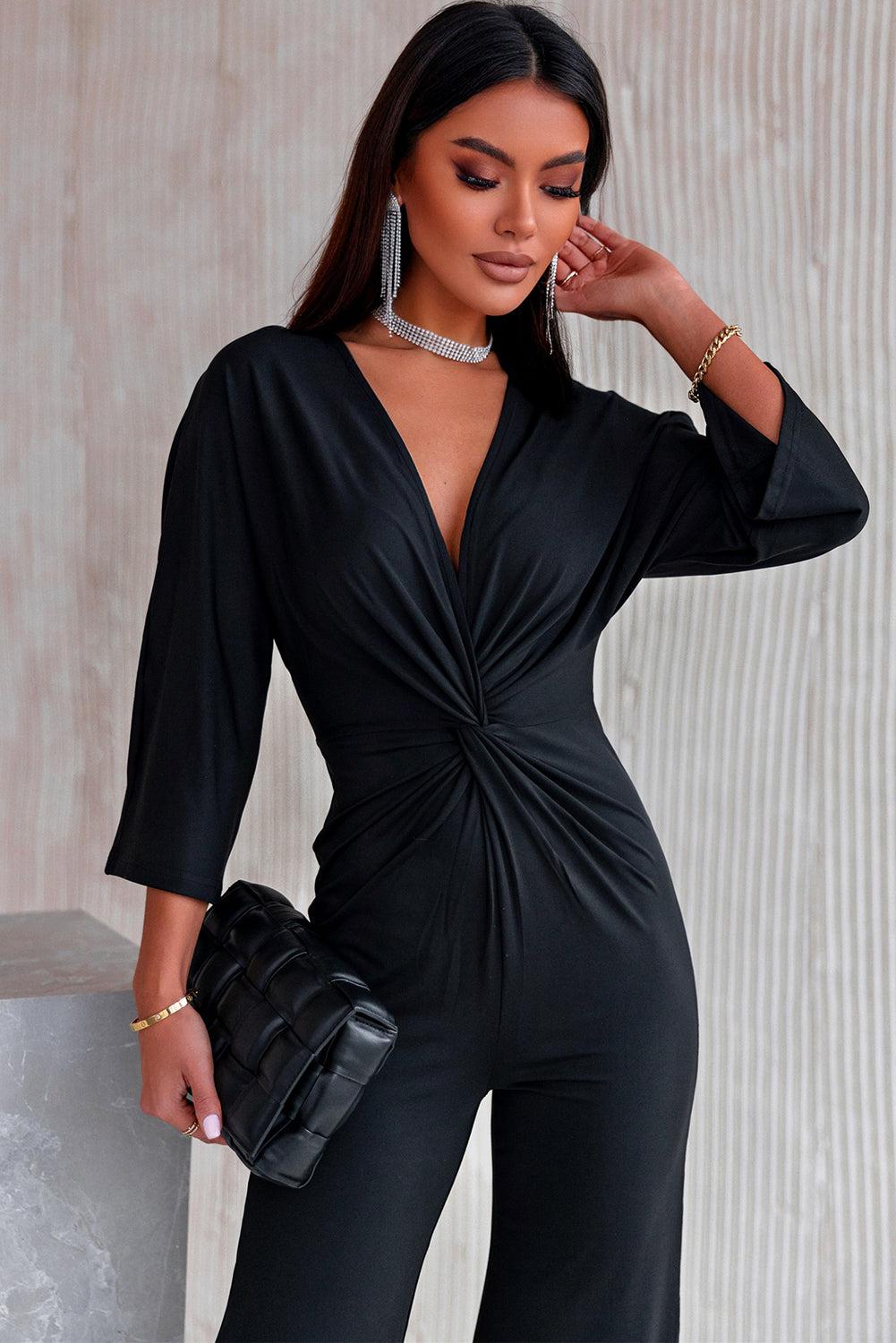 Twisted Plunge Three-Quarter Sleeve Jumpsuit BLUE ZONE PLANET