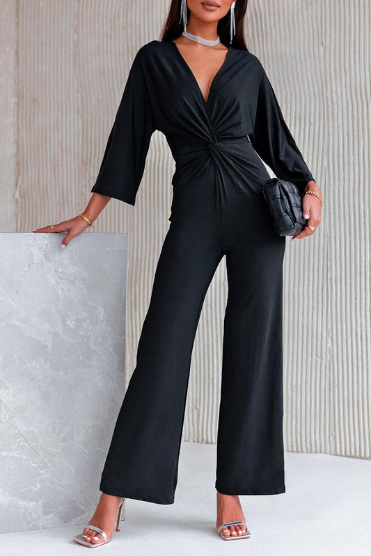 Twisted Plunge Three-Quarter Sleeve Jumpsuit BLUE ZONE PLANET