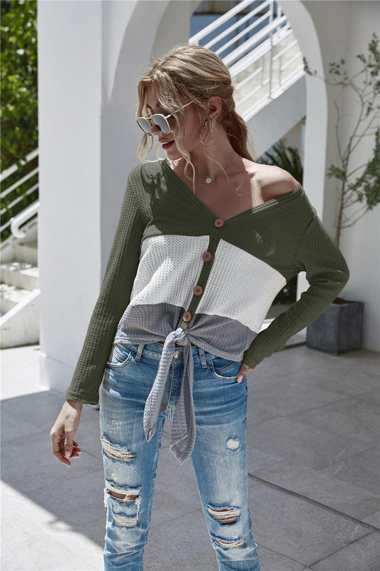 Twisted Waffle-knit Color Block Buttoned Blouse BLUE ZONE PLANET