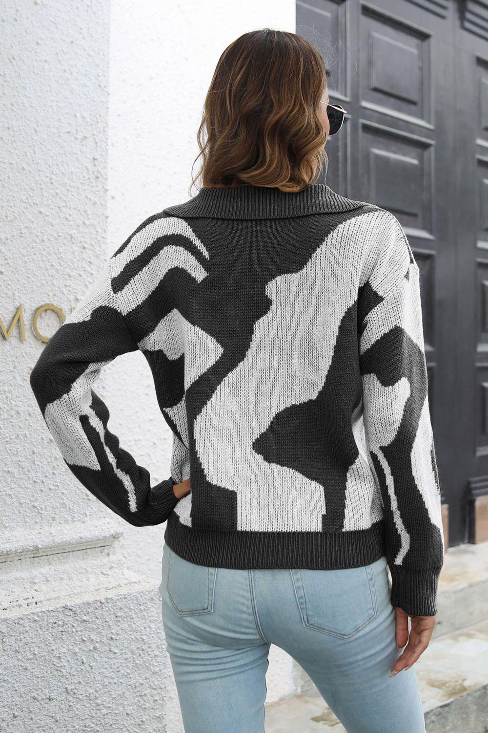 Two-Tone Johnny Collar Dropped Shoulder Pullover Sweater BLUE ZONE PLANET