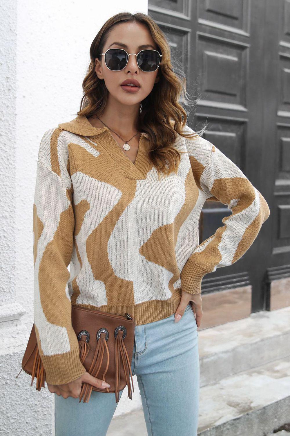 Two-Tone Johnny Collar Dropped Shoulder Pullover Sweater BLUE ZONE PLANET