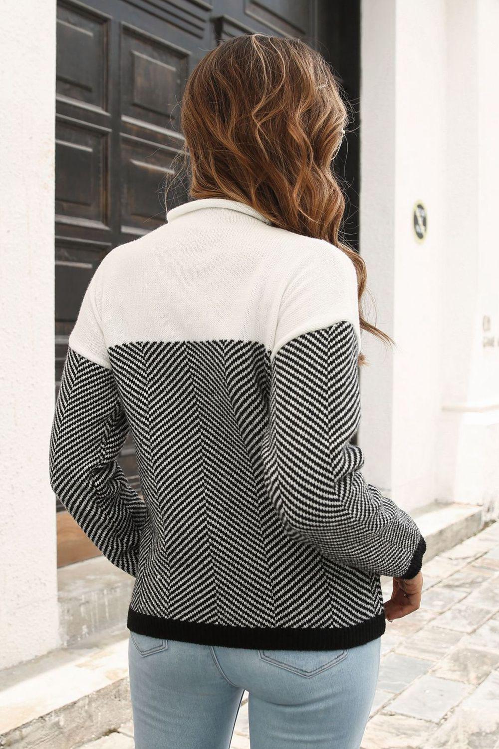Two-Tone Mock Neck Dropped Shoulder Pullover Sweater BLUE ZONE PLANET