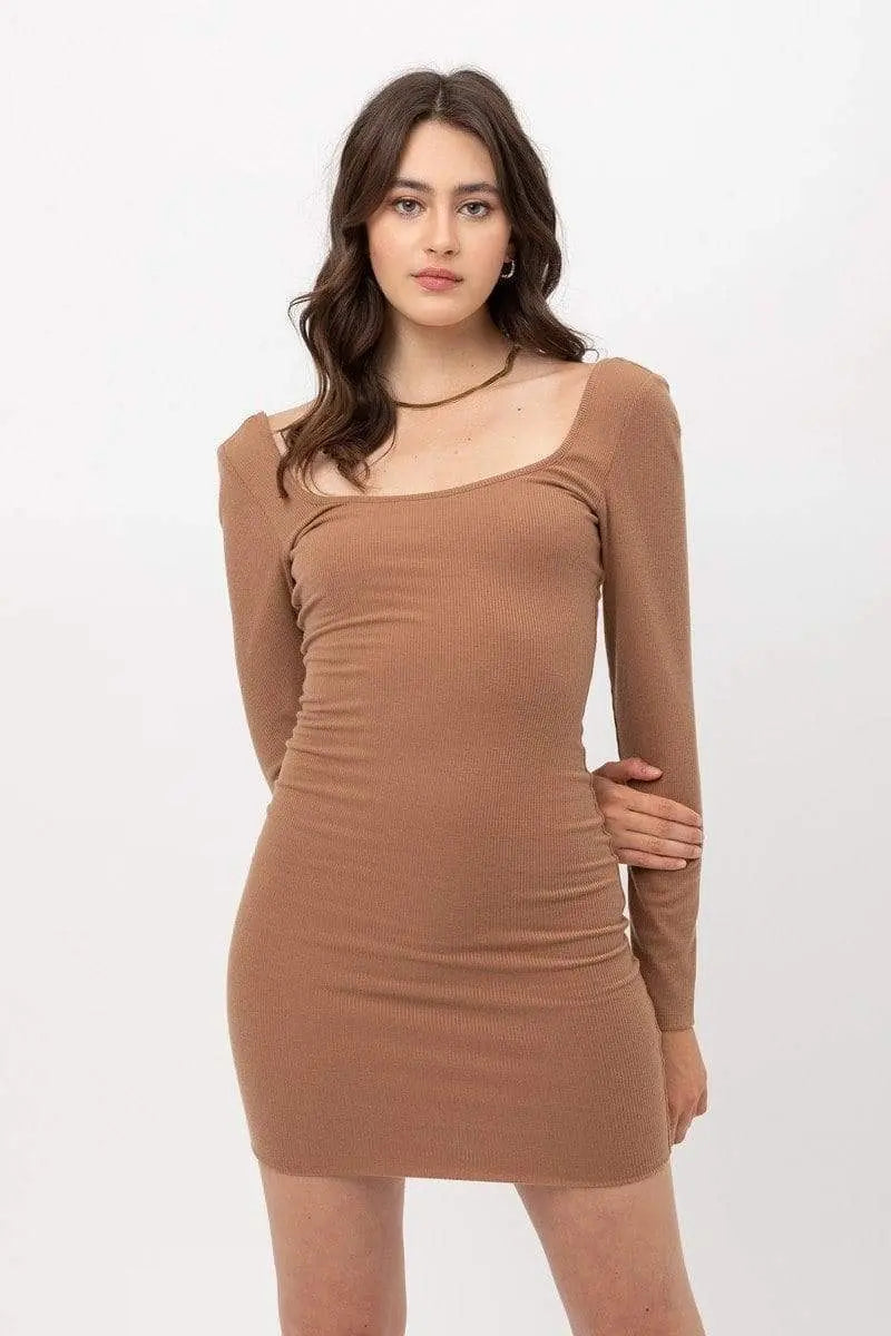 U Neck On Front And Back Side, Basic Rib Dress With Long Sleeve Blue Zone Planet