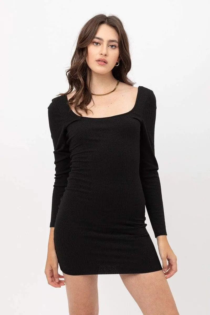 U Neck On Front And Back Side, Basic Rib Dress With Long Sleeve Blue Zone Planet